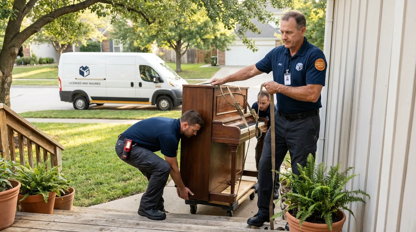 Licensed piano movers securing grand piano in Wanatah, IN