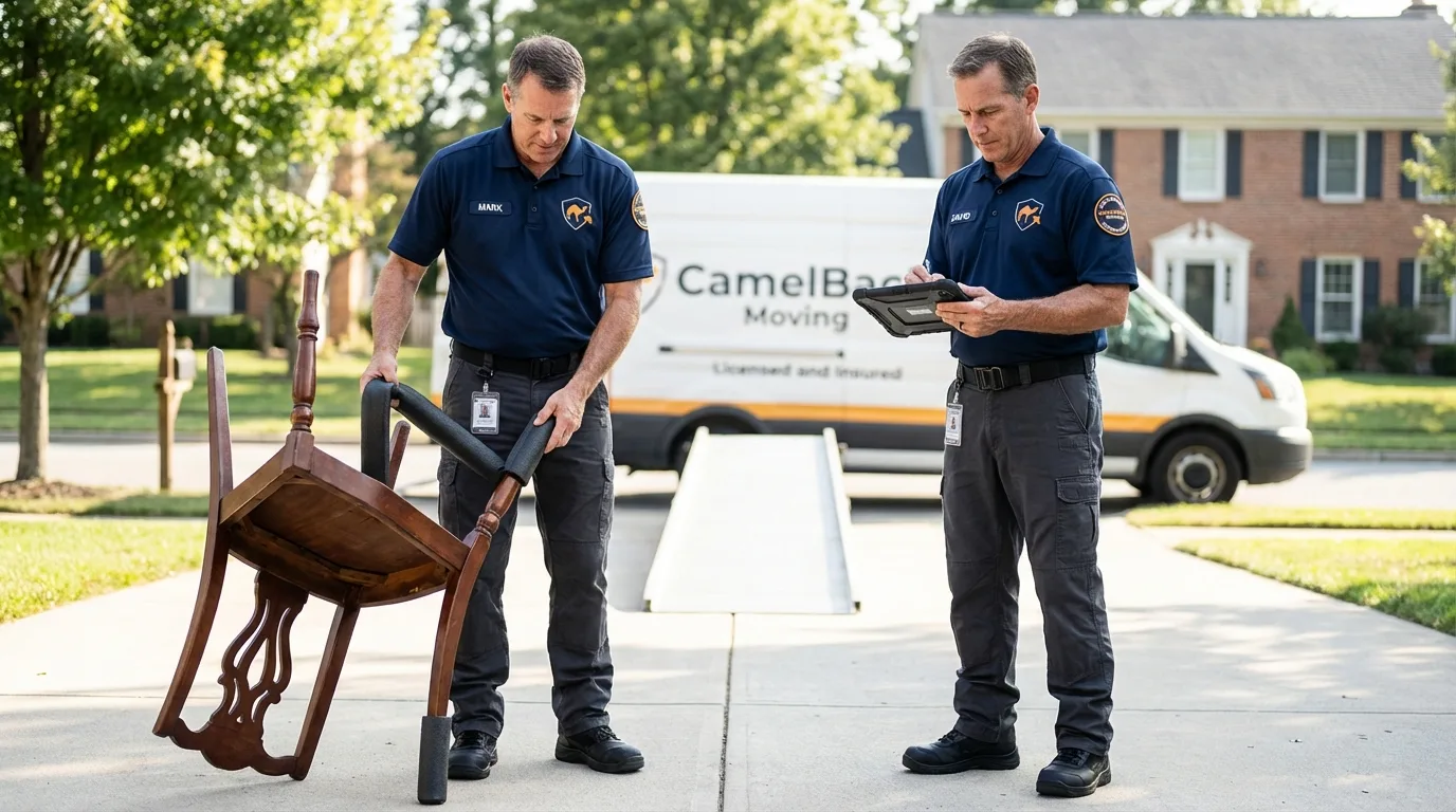 Movers inspecting furniture for damage prevention before loading in Wanatah, IN