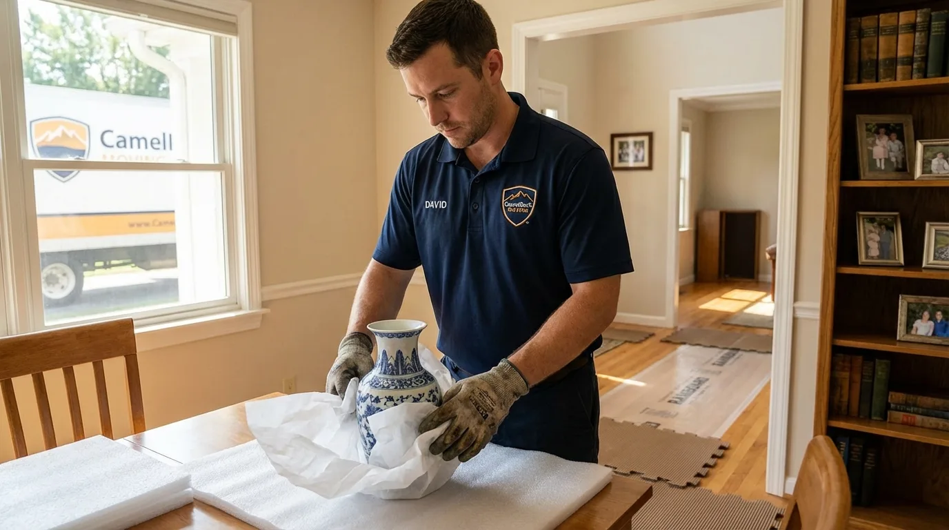 Professional crew carefully wrapping antique vase for senior downsizing move in Wanatah, IN